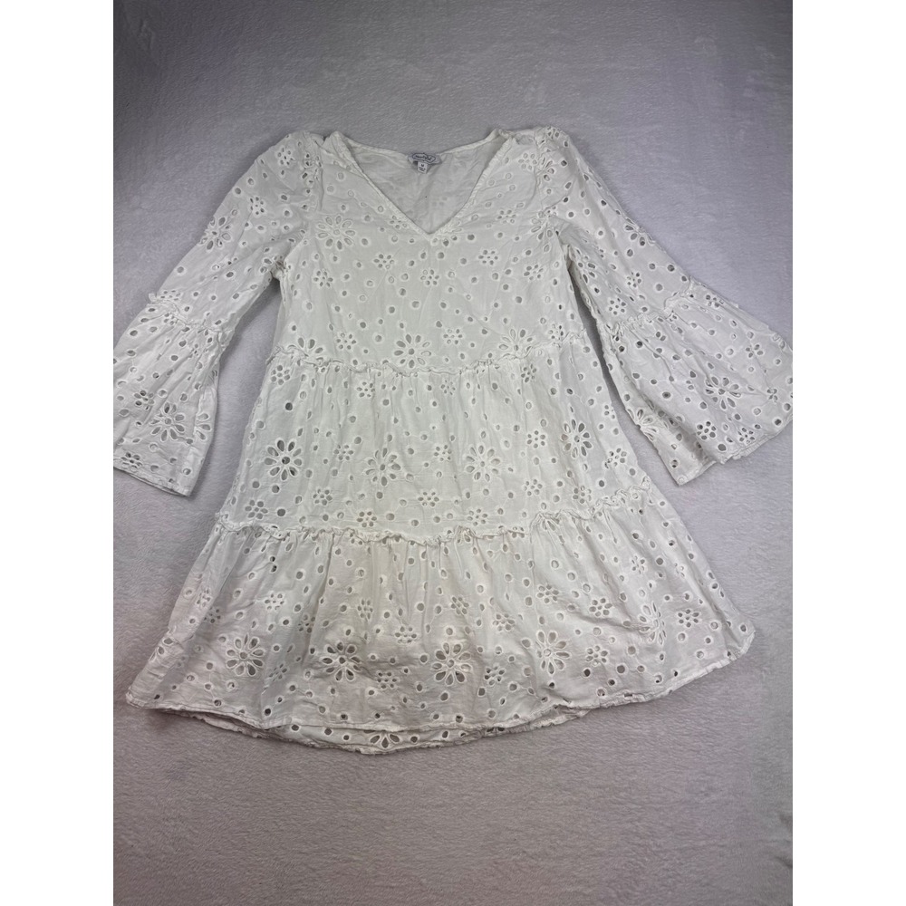 Mud Pie White Cotton Eyelet Tiered Bell Sleeve Mini Dress Womens Medium